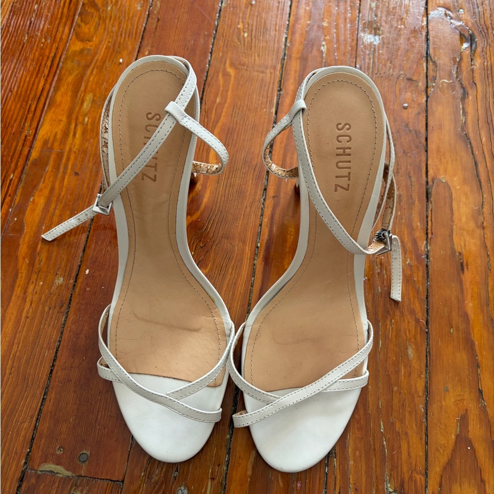 SCHUTZ White Strappy Leather Ankle-Heel Sandals